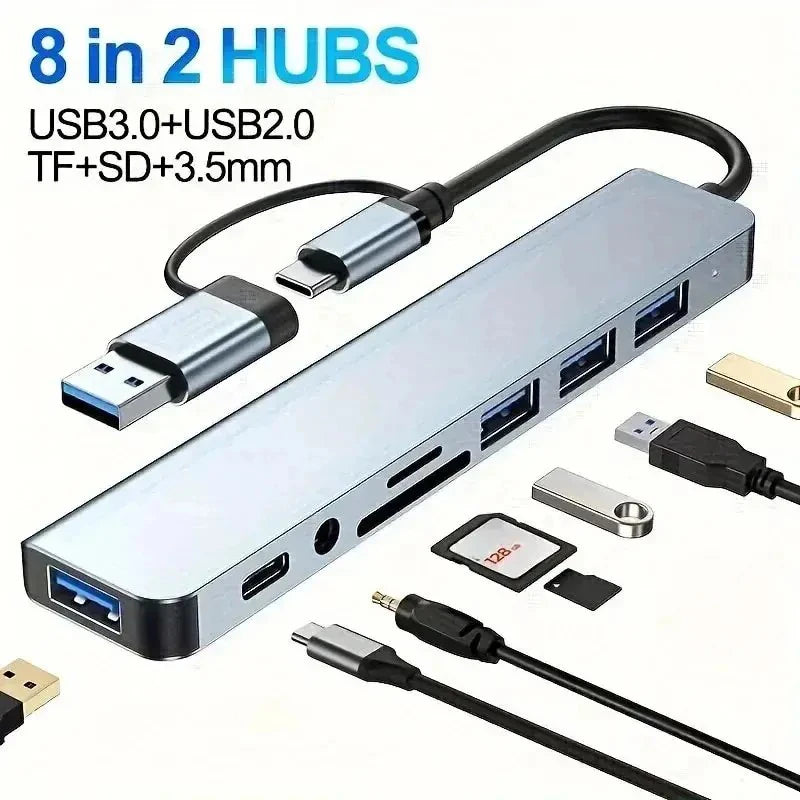 موزع USB C، موزع USB، 8 في 2، موسع USB مع 4 منافذ USB، منفذ USBC واحد، قارئ بطاقة TF/SD، مخرج صوت متوافق مع MacBook