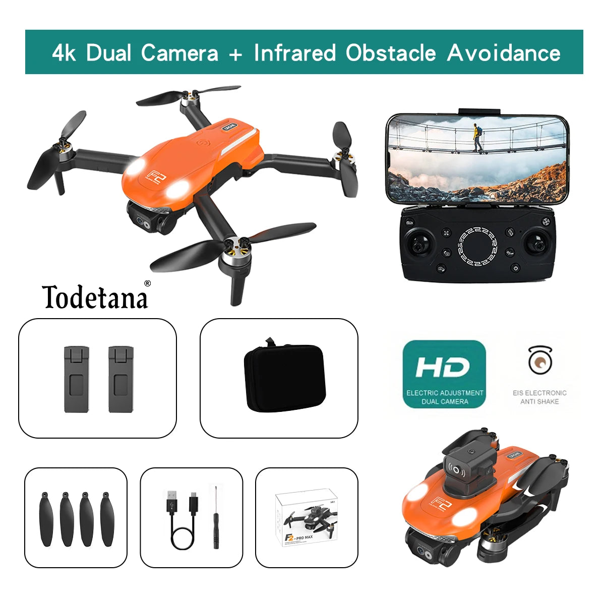 طائرة بدون طيار F2 بدقة 4K Ultra HD تتبع أوضاع طيران ذكية عمر بطارية طويل تصميم قابل للطي للتصوير الجوي أثناء السفر