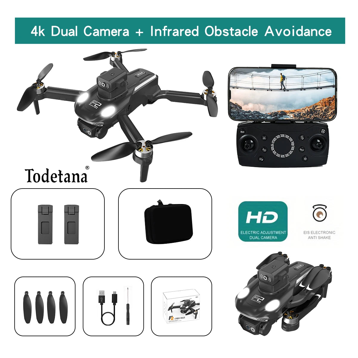 طائرة بدون طيار F2 بدقة 4K Ultra HD تتبع أوضاع طيران ذكية عمر بطارية طويل تصميم قابل للطي للتصوير الجوي أثناء السفر