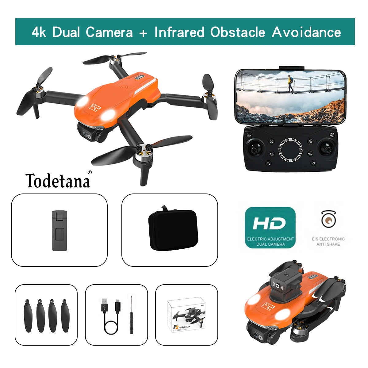 طائرة بدون طيار F2 بدقة 4K Ultra HD تتبع أوضاع طيران ذكية عمر بطارية طويل تصميم قابل للطي للتصوير الجوي أثناء السفر