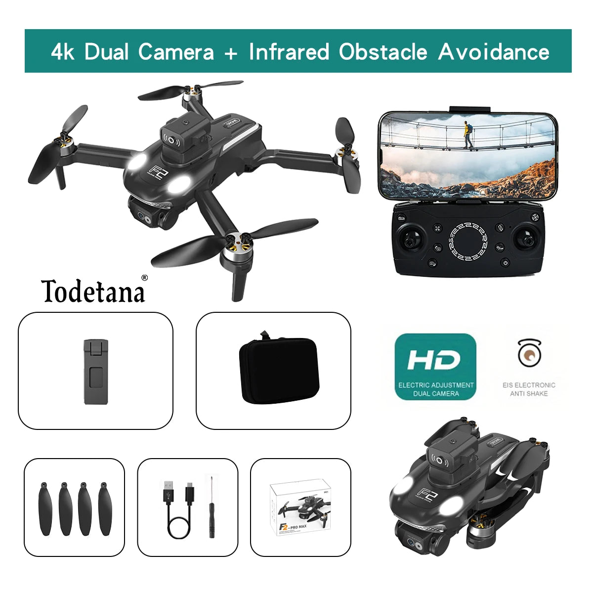 طائرة بدون طيار F2 بدقة 4K Ultra HD تتبع أوضاع طيران ذكية عمر بطارية طويل تصميم قابل للطي للتصوير الجوي أثناء السفر