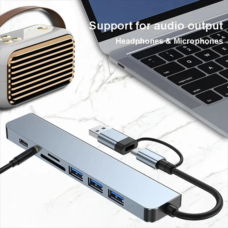 موزع USB C، موزع USB، 8 في 2، موسع USB مع 4 منافذ USB، منفذ USBC واحد، قارئ بطاقة TF/SD، مخرج صوت متوافق مع MacBook