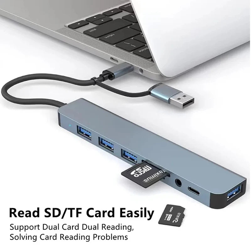 موزع USB C، موزع USB، 8 في 2، موسع USB مع 4 منافذ USB، منفذ USBC واحد، قارئ بطاقة TF/SD، مخرج صوت متوافق مع MacBook