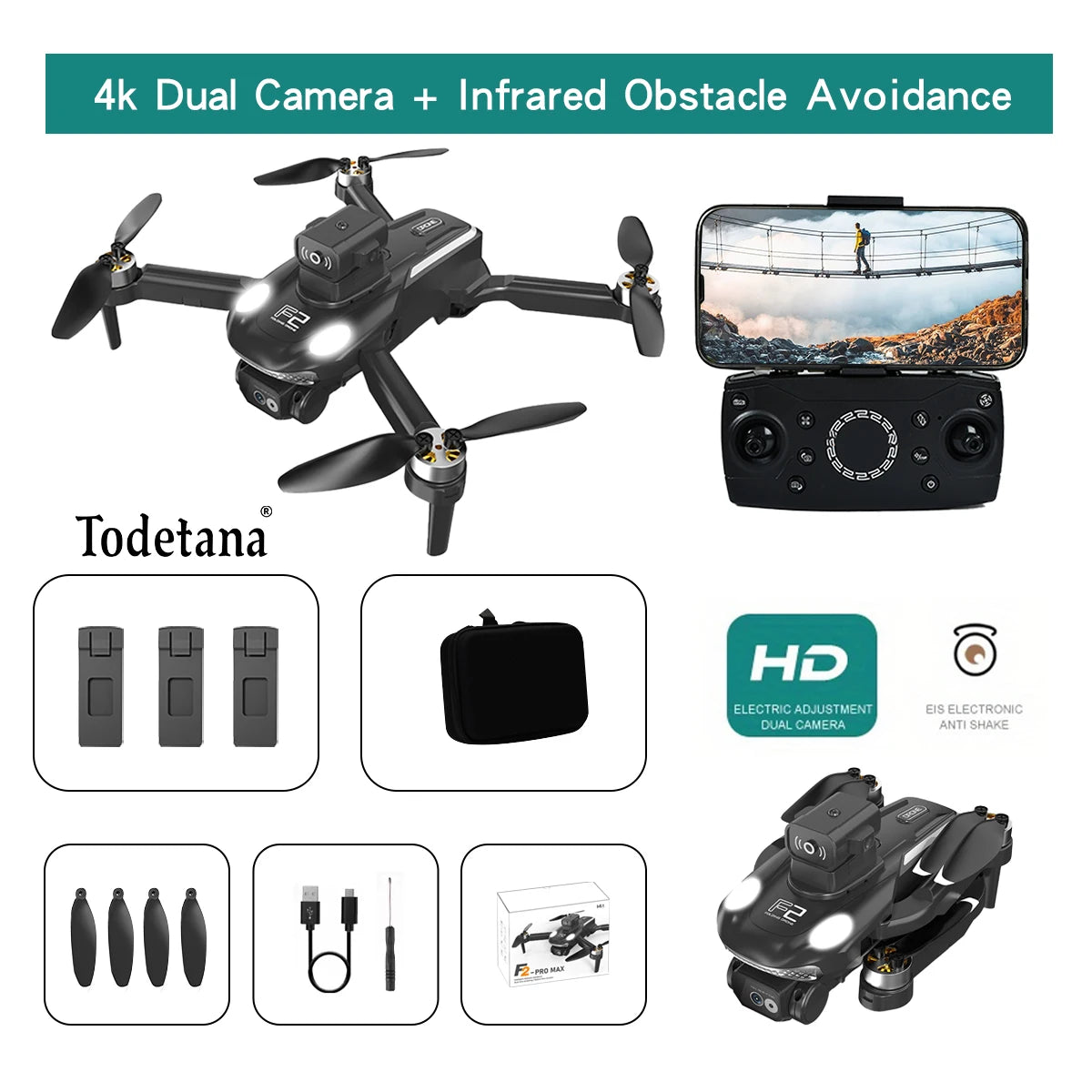 طائرة بدون طيار F2 بدقة 4K Ultra HD تتبع أوضاع طيران ذكية عمر بطارية طويل تصميم قابل للطي للتصوير الجوي أثناء السفر