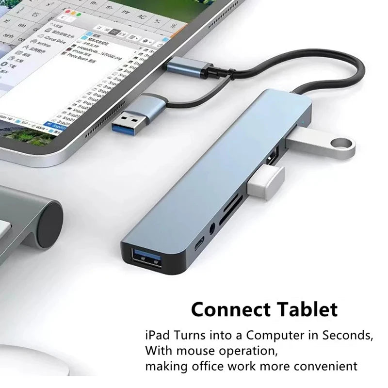 موزع USB C، موزع USB، 8 في 2، موسع USB مع 4 منافذ USB، منفذ USBC واحد، قارئ بطاقة TF/SD، مخرج صوت متوافق مع MacBook