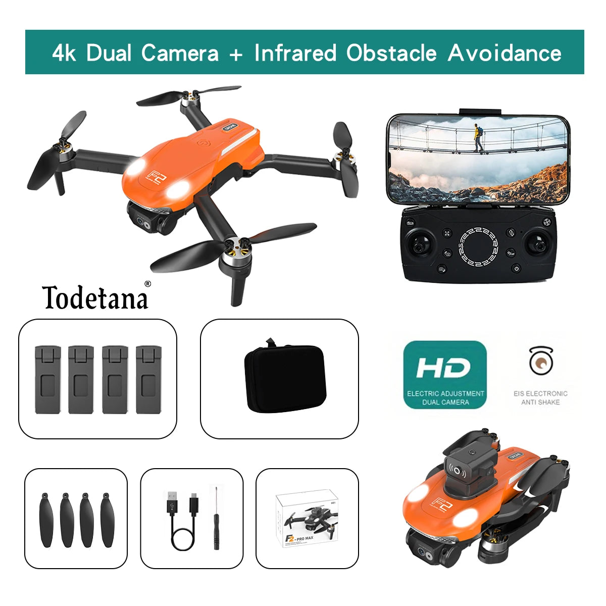 طائرة بدون طيار F2 بدقة 4K Ultra HD تتبع أوضاع طيران ذكية عمر بطارية طويل تصميم قابل للطي للتصوير الجوي أثناء السفر