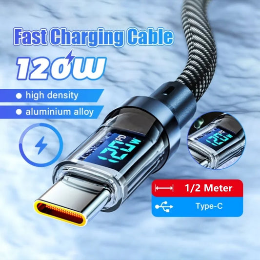 6A USB Type C Cable PD Cable Fast Charging 120W LED Digital Display Nylon Data Cord for iPhone Xiaomi Samsung USB C Charge Cable