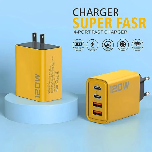 شاحن USB من النوع C بأربعة منافذ بقوة 120 وات، كابل بيانات شحن سريع، محول شاحن هاتف USB لأجهزة Samsung IPhone Xiaomi، شاحن حائط 