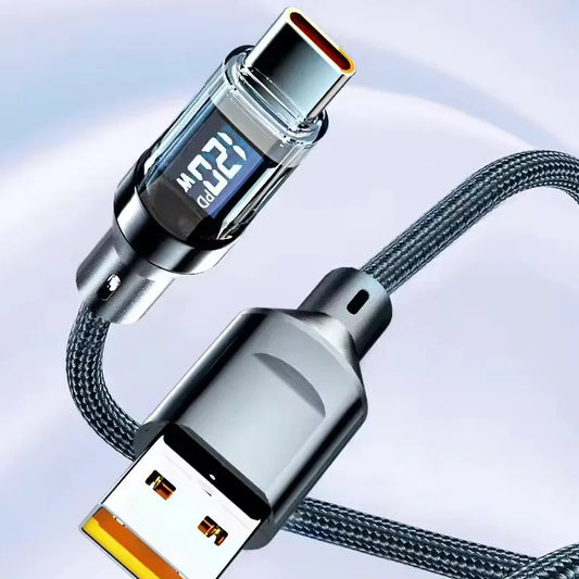 كابل USB إلى Type C بقوة 120 وات، كابل شحن فائق السرعة للهاتف مزود بشاشة LED، كابل بيانات من Type-C إلى Type-C بقوة 100 وات لهاتف Huawei وOppo وVivo