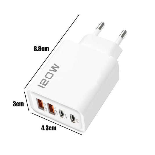 شاحن USB من النوع C بأربعة منافذ بقوة 120 وات، كابل بيانات شحن سريع، محول شاحن هاتف USB لأجهزة Samsung IPhone Xiaomi، شاحن حائط 