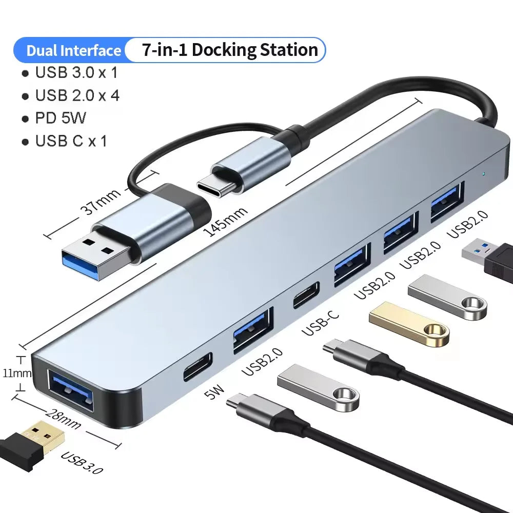 موزع USB C، موزع USB، 8 في 2، موسع USB مع 4 منافذ USB، منفذ USBC واحد، قارئ بطاقة TF/SD، مخرج صوت متوافق مع MacBook